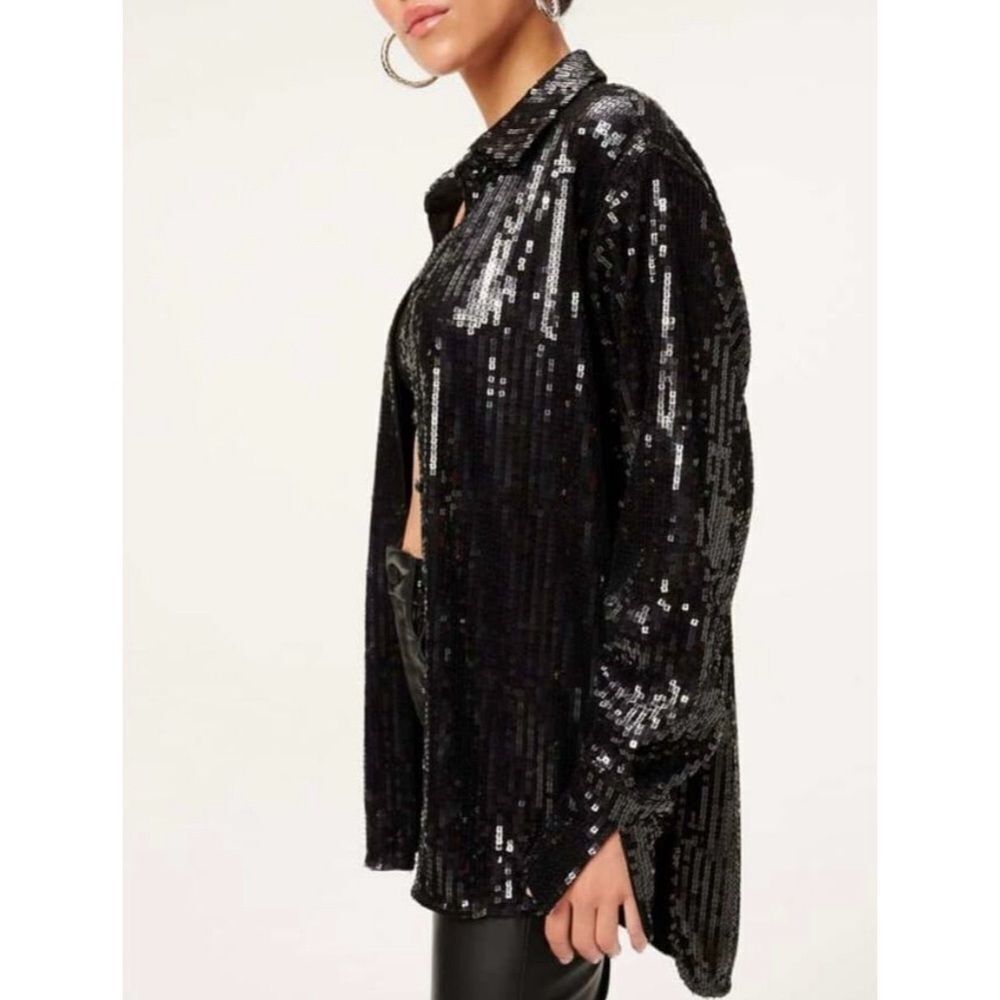 GOOD AMERICAN Sequin Party Shirt in Black